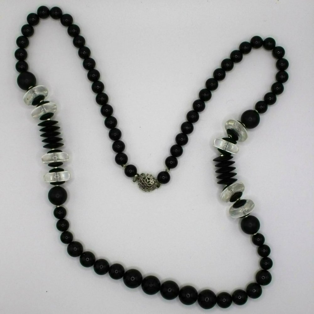 Vintage Black Clear Acrylic Beaded Long Necklace‎ Box Clasp 14" Silver Tone